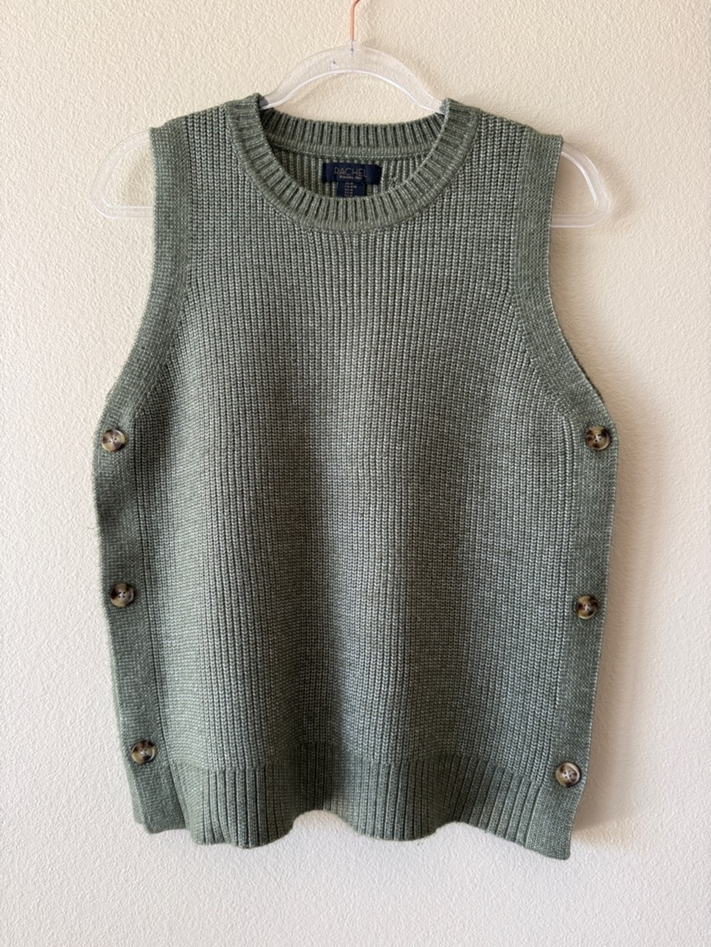 Rachel Rachel Roy Sage Green Ribbed Knit Sweater Vest Side Buttons Medium